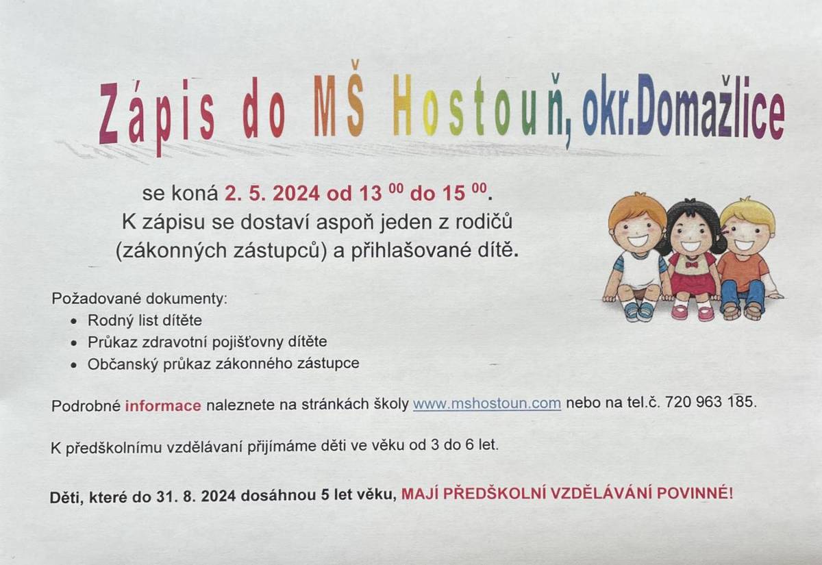 Zápis do MŠ v Hostouni 2.5. 2024 od 13.00 do 15.00 hod.
