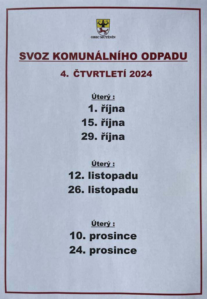 Svoz komunálního odpadu 4. čtvrtletí 2024