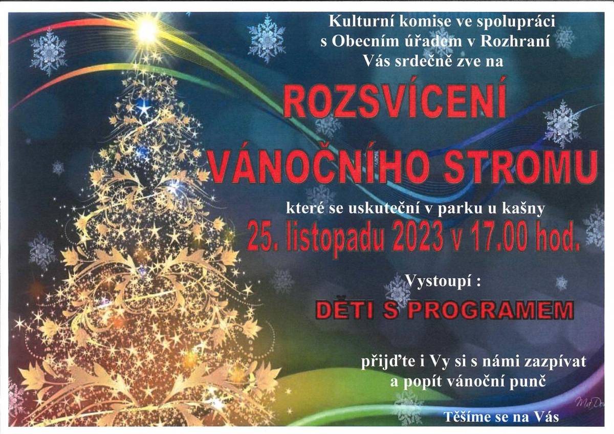Kulturní komise ve spolupráci s obecním úřadem Vás zvou v sobotu 25.11. do parku u řeky na Rozsvícení vánočního stromu, začátek v 17.00. Se svým programem vystoupí děti, můžete si s nimi zazpívat či ochutnat vánoční punč.