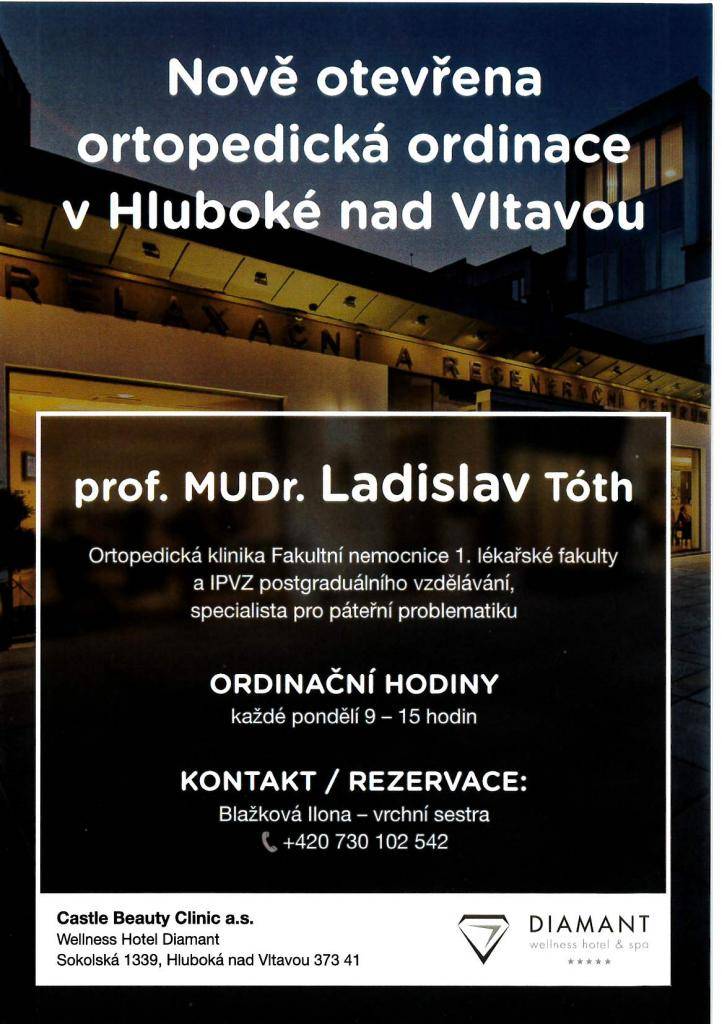 Nově otevřená ortopedická ordinace v Hluboké nad Vltavou  každé pondělí 9 - 15 hodi