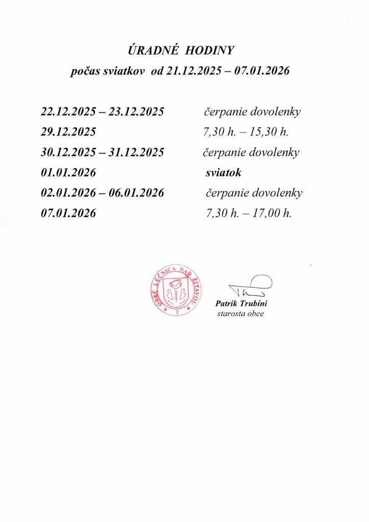 Úradné hodiny počas sviatkov na obecnom úrade