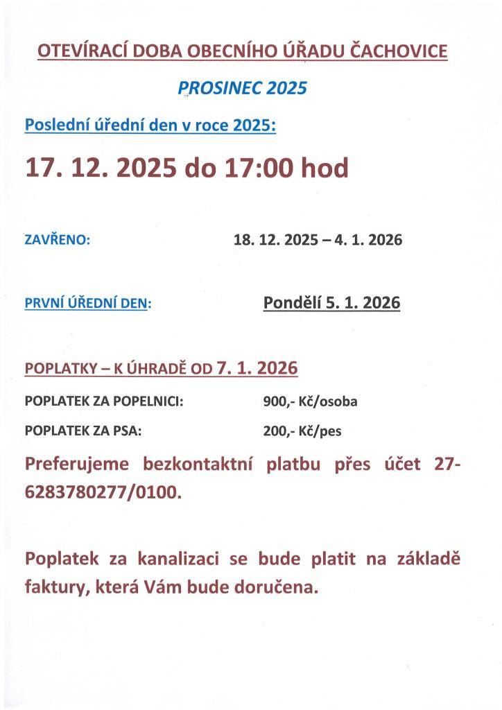 Obecní úřad oznamuje otevírací dobu v prosinci během vánočních svátků.