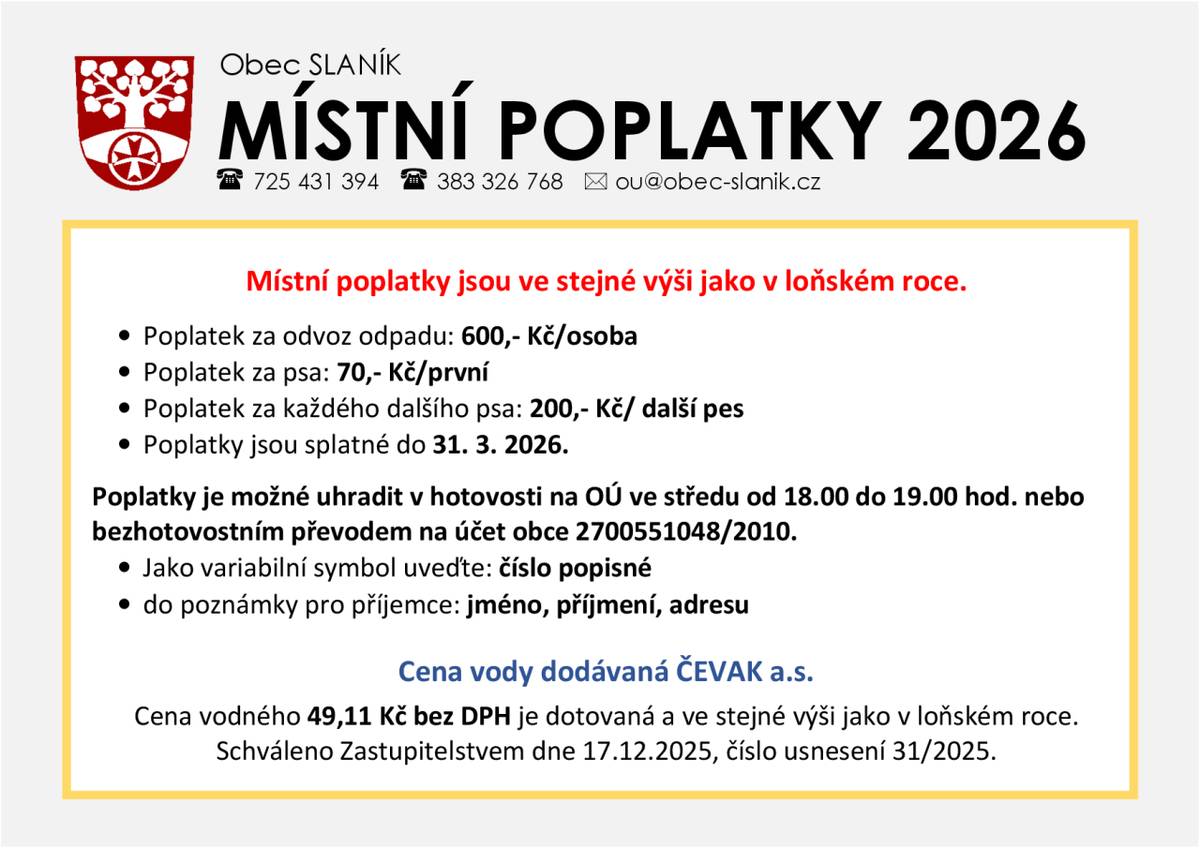 Přehled místních poplatků v obci Slaník pro rok 2026
