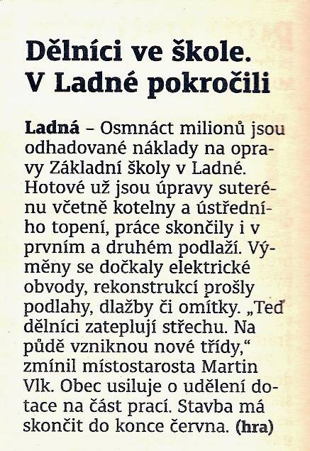 Dělníci ve škole v Ladné pokročili