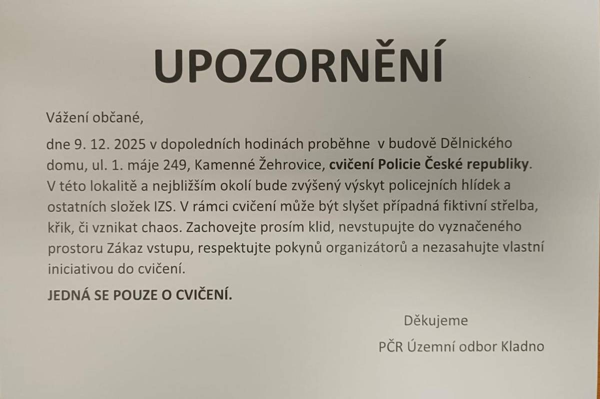 V Dělnickém době bude v dopoledních hodinách probíhat cvičení PČR. Zachovejte prosím klid a nevstupujte do vyznačeného prostoru.