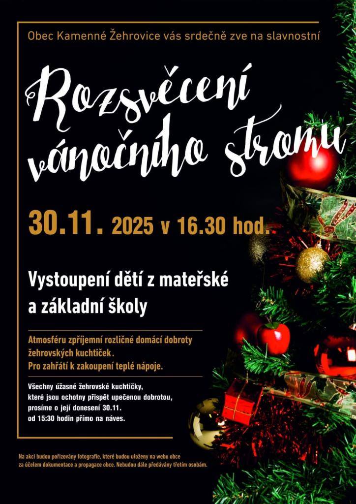 V neděli 30. listopadu v 16:30 hod společně rozsvítíme vánoční stromeček a prožijeme příjemný podvečer. Sváteční akci zahájí děti z mateřské a základní školy. Pro zahřátí k zakoupení teplé nápoje. Žehrovské kuchtičky prosíme, aby napekly a donesly pro své sousedy rozmanité dobroty.