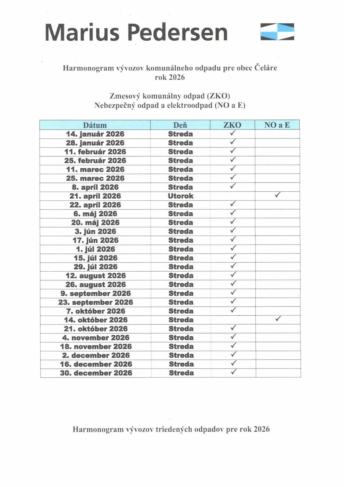 Harmonogram vývozov komunálneho odpadu pre obec Čeláre rok 2026