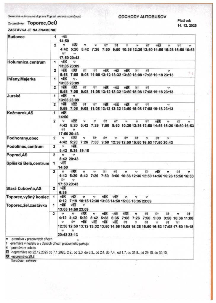 Odchody autobusov platné od 14.12.2025