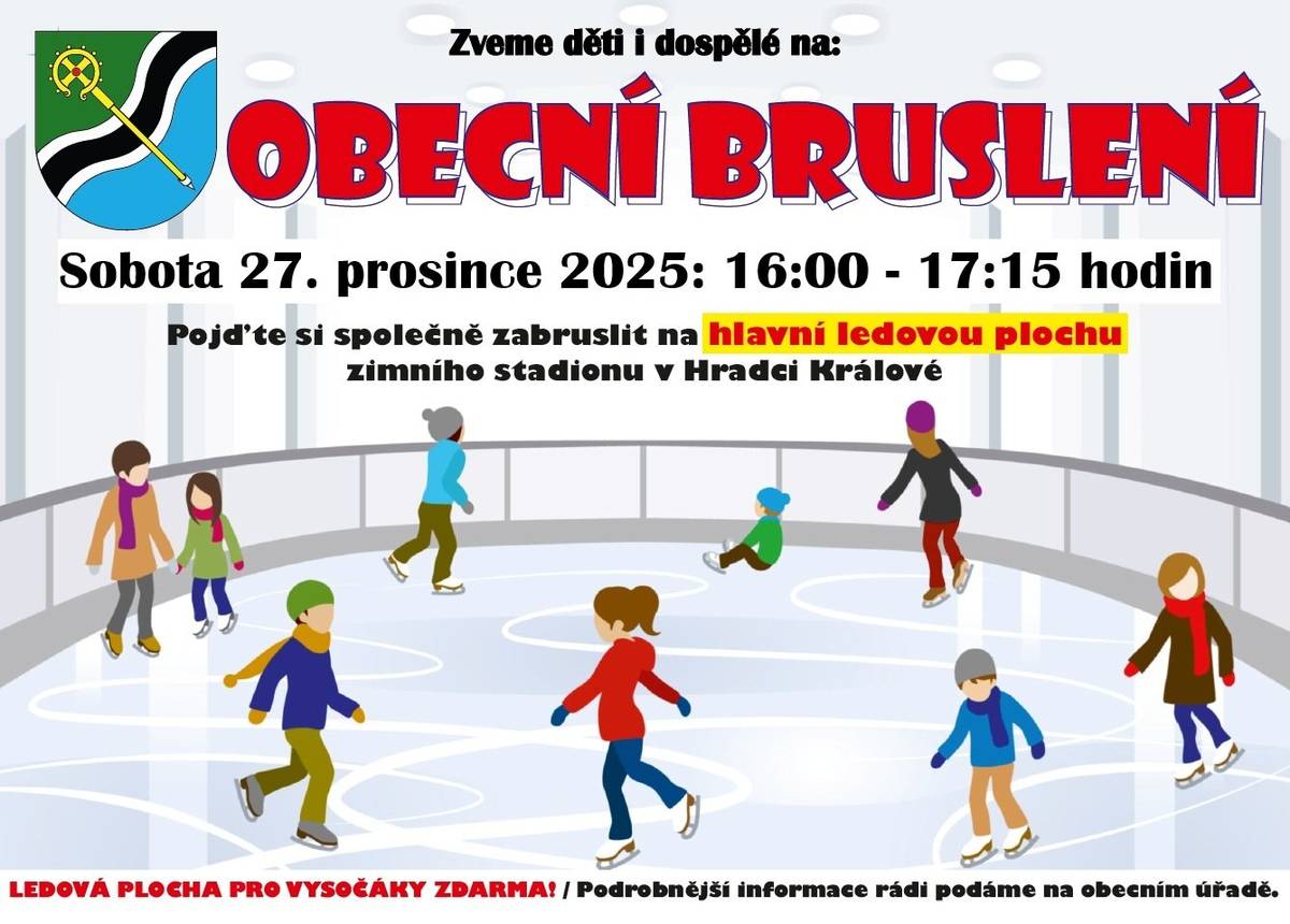Zveme děti i dospělé: Pojďte si společně zabruslit na hlavní ledovou plochu Zimního stadionu v Hradci Králové! Sobota 27.12.2025, 16:00 – 17:15 hodin Ledová plocha pro vysočáky zdarma!