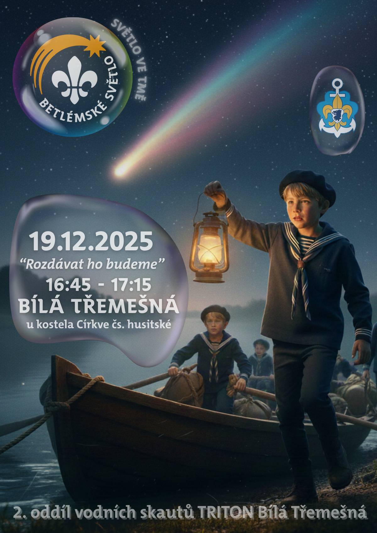 Dnes si mohou zájemci vyzvednout betlémské světlo u Sboru J. A. Komenského od 16:45 - 17:15 h nebo v Nových Lesích u skautské klubovny od 18:00 - 18:30 h. Další příležitost budete mít po slavnostní vánoční bohoslužbě ve Sboru JAK v neděli 21. prosince 2025. Více informací najdete na www.bilatremesna.cz.