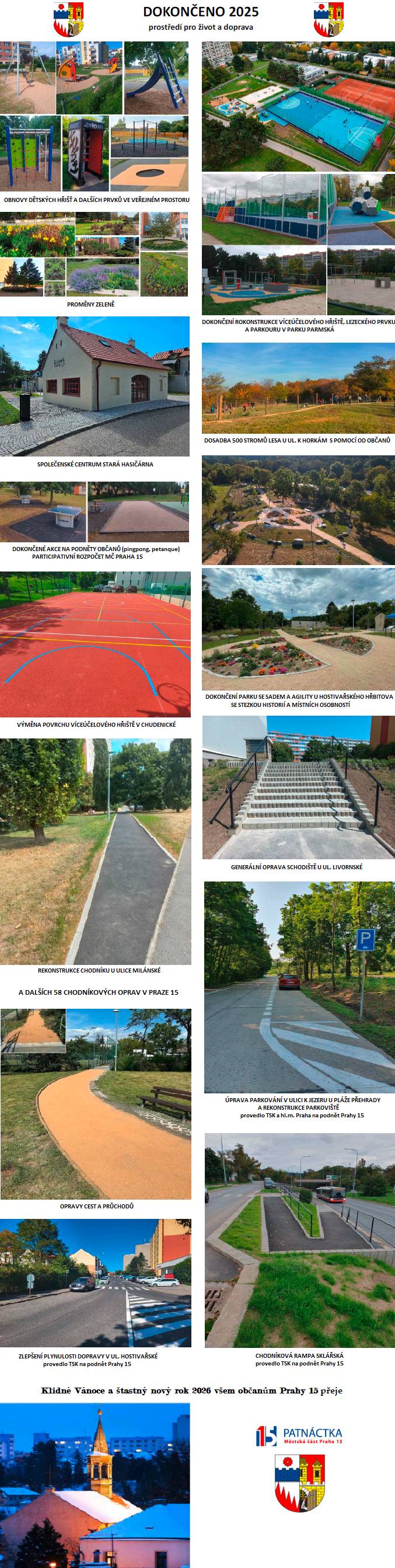 Vážení občané, krok za krokem jsme se i letos snažili připravovat, prosazovat a realizovat záměry ve veřejném prostoru Patnáctky. Samospráva městské části Prahy 15 s pomocí spolupracovníků Úřadu městské části Praha 15 v letošním roce v oblasti prostředí pro život a dopravy dokončila řadu větších i menších akcí i oprav, z nichž ty podstatné Vám nyní nabízíme v přehledu ve fotokoláži. Děkujeme Vám za častou a podnětnou spolupráci a přejeme Vám klidné Vánoce a úspěšný nový rok 2026. Michal Frauenterka, místostarosta Mgr. Zuzana Venclíková a tým odboru životního prostředí Ing. Ondřej Branyš a tým odboru dopravy