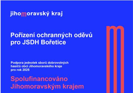 Projekt byl podpořen v rámci dotačního programu Jihomoravského kraje Podpora jednotek sborů dobrovolných hasičů obcí Jihomoravského kraje pro rok 2025.    Celkové náklady: 96.524,- Kč vč. DPH  Způsobilé výdaje: 90.000,- Kč  Předpokládaná dotace JMK: 63.000,- Kč    Děkujeme Jihomoravskému kraji.