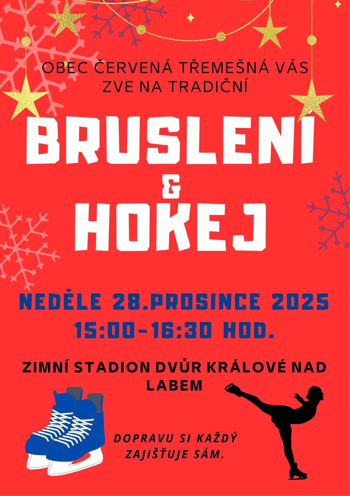 Zveme vás na poslední bruslení v tomto roce a to 28. 12. 2025 od 15:00 - 16:30 hodin na zimní stadion ve Dvoře Králové nad Labem.