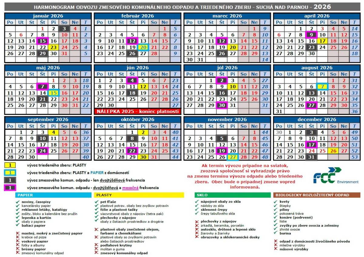 Zverejňujeme harmonogram zvozu odpadu na rok 2026. V týchto dňoch vám bol/je distribuovaný aj do vašich schránok.