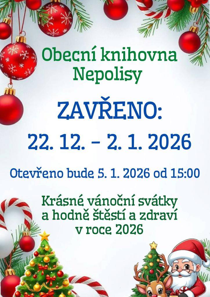 Obecní knihovna bude od 22.12.2025 do 2.1.2026 uzavřena.