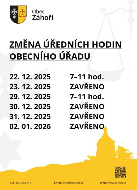 V období vánočních svátků bude mít obecní úřad omezený provoz. Prosíme, vezměte na vědomí upravené úřední hodiny.  Děkujeme za pochopení.