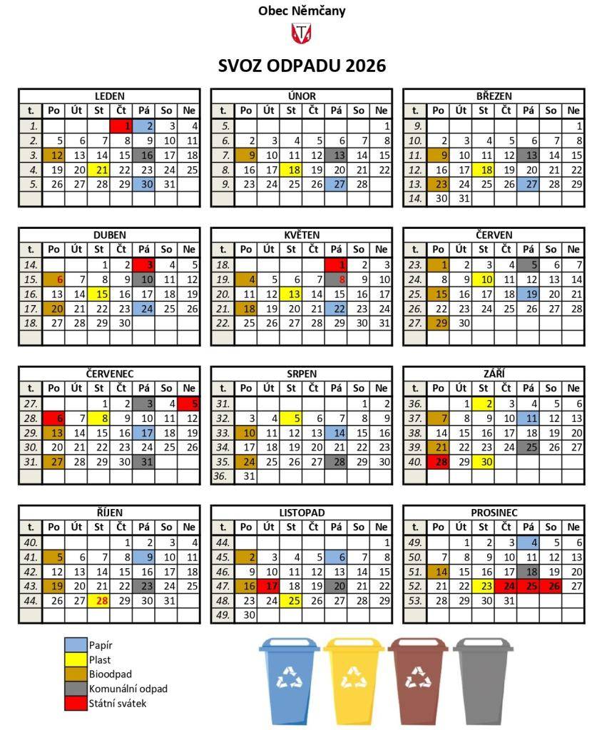 Vážení občané, svozový kalendář pro rok 2026 je již dostupný na webových stránkách v sekci Odpadové hospodářství. V následujících dnech se vám objeví v poštovních schránkách.   Pokud budete potřebovat větší formát, k dispozici k vyzvednutí vyzvednutí na Obecním úřadě.