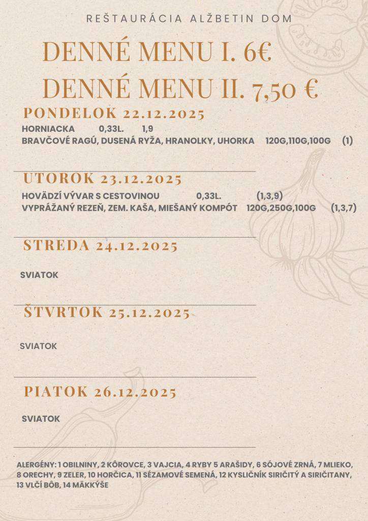 Jedálny lístok 22.12.-26.12.2025