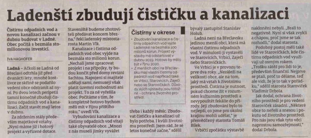 Ladenští zbudují čističku a kanalizaci