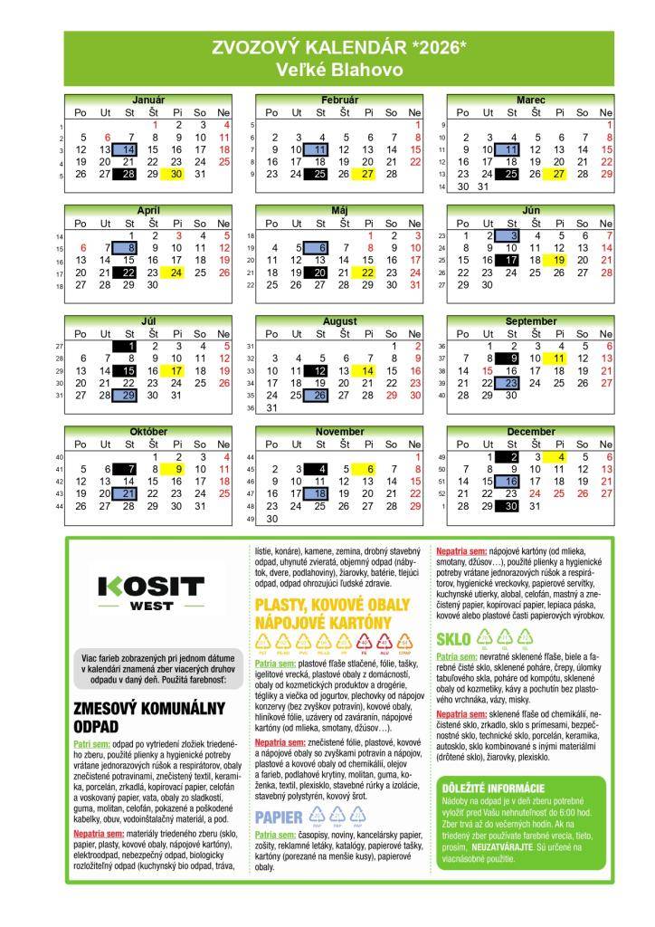 Zvozový kalendár na rok 2026