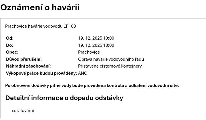 Havárie vody - ulice Tovární