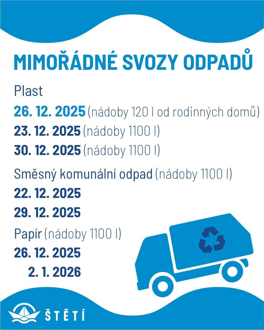 Jako každý rok i tentokrát proběhnou některé svozy odpadu v upravených termínech. Prosíme občany, aby s nimi počítali.  Směsný komunální odpad 22. 12. 2025 – svoz všech nádob 1100 l 29. 12. 2025 – svoz všech nádob 1100 l Papír 26. 12. 2025 – svoz nádob 1100 l 02. 01. 2026 – svoz nádob 1100 l Plast 23. 12. 2025 – svoz nádob 1100 l 30. 12. 2025 – svoz nádob 1100 l 26. 12. 2025 – mimořádný svoz nádob 120 l od rodinných domů