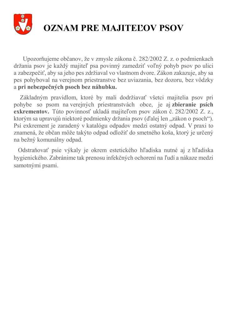 Oznam pre majiteľov psov