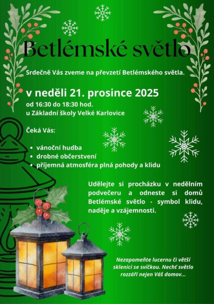 - Betlémské světlo u ZŠ  - Štěpánské koledování v kostele