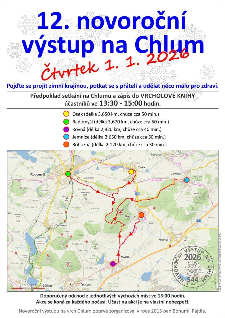 Na již  12. ročník této stále oblíbenější akce  Vás zvou organizátoři na první den roku 2026. Tradici těchto výstupů, kterou založil velký přítel a propagátor turistiky pan Bohumil Pajdla, nepřerušilo ani „covidové období“.  Jako vždy bude pro „vrcholové“ turisty připravena pamětní medaile.