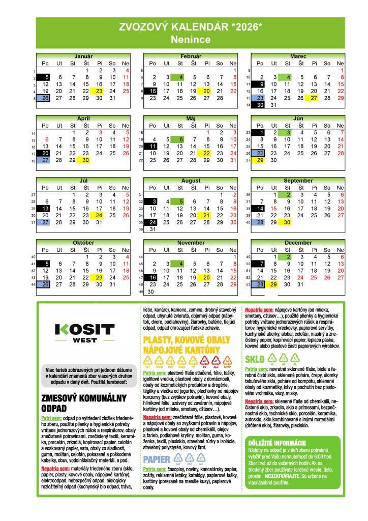 Harmonogram zberu odpadu 2026