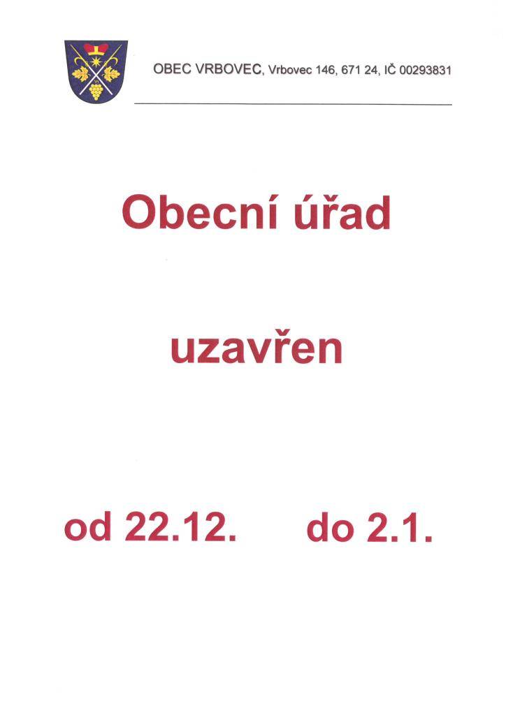 Uzavření obecního úřadu od 22.12.2025 do 2.1.2026