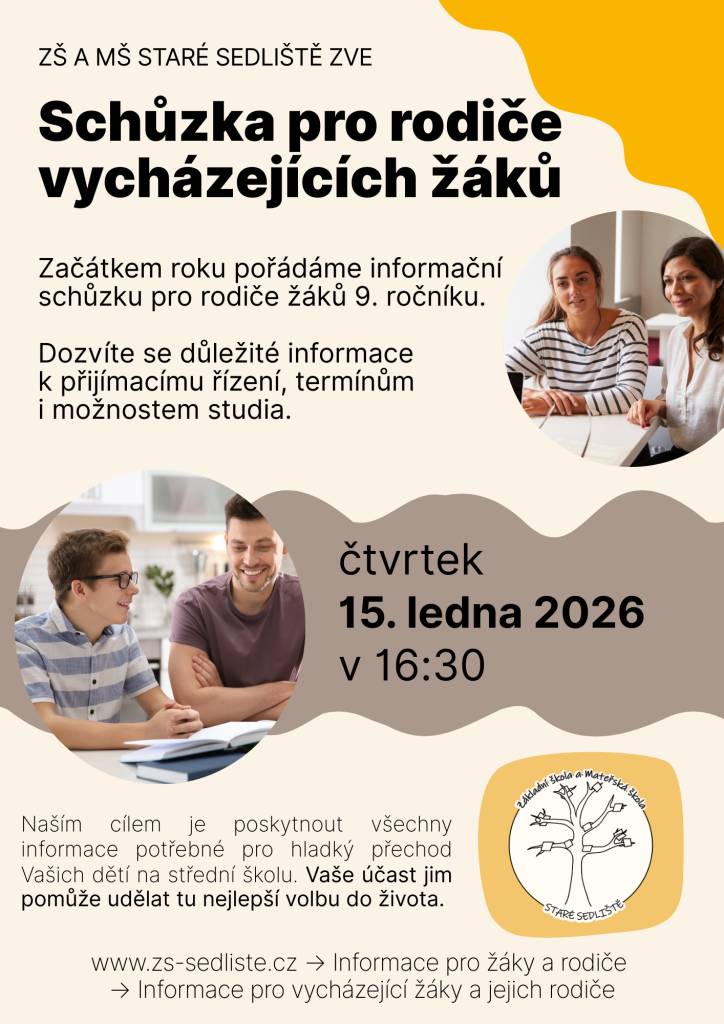Ve čtvrtek 15. ledna v 16:30 pořádáme informační setkání pro rodiče vycházejících žáků.  Dozvíte se důležité informace k přijímacímu řízení, volbě střední školy i dalším krokům, které vaše děti čekají.  Těšíme se na vaši účast!