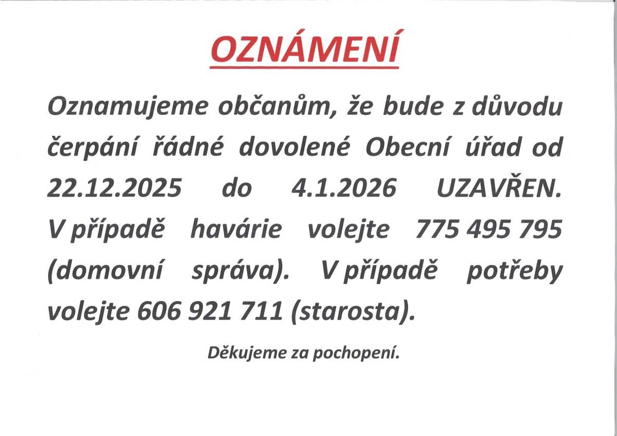 Oznámení o uzavření Obecního úřadu