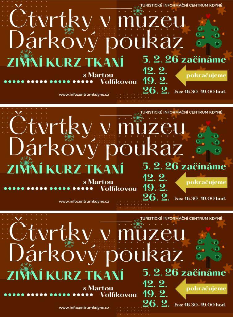 Muzeum v Kdyni pořádá kurz tkaní, který začne 5. února 2026. Potěšte někoho blízkého a nechte ho zažít s námi 4 mrazivé čtvrtky v teplíčku, při čaji, nebo svařáku a v přátelské a tvořivé atmosféře. Máme pouze 6 stavů, tudíž pouze 6 dárkových poukazů.