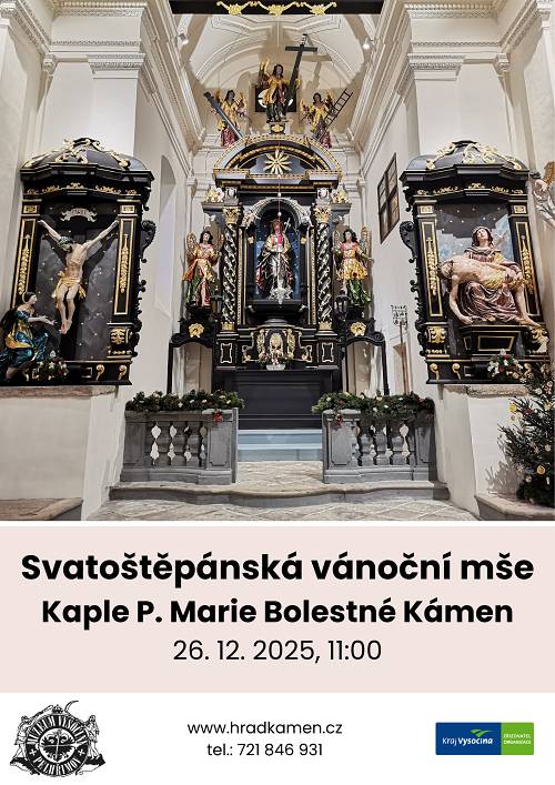 Vážení občané, zveme vás na Svatoštěpánskou vánoční mši, která se uskuteční v pátek 26. prosince 2025 od 11:00 hodin v kapli Panny Marie Bolestné v Kámeně.