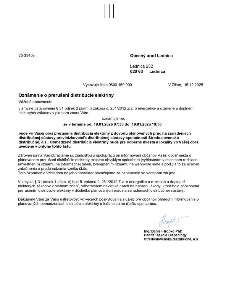 Oznámenie o prerušení distribúcie elektrickej energie dňa 19.01.2026 a zoznam odberových miest, kde bude obmedzená distribúcia.