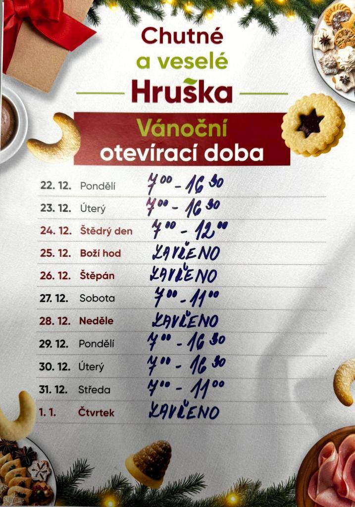 V rámci vánočního období se mění otevírací doba dle přiloženého letáku. Děkujeme za pochopení
