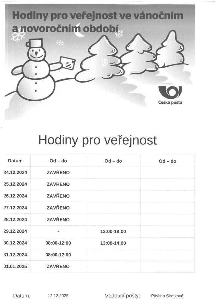 Provozní doba pošty Kly o vánocích