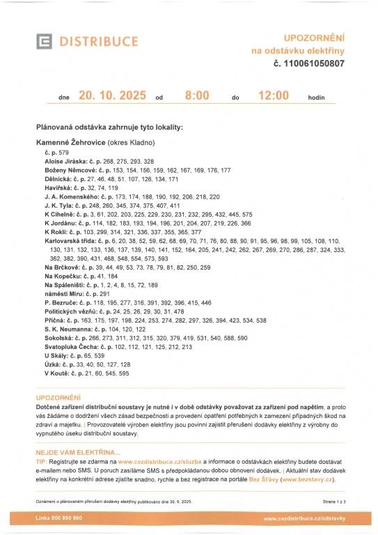 Dne 20.10.2025 v době od 8:00 do 12:00 hod.