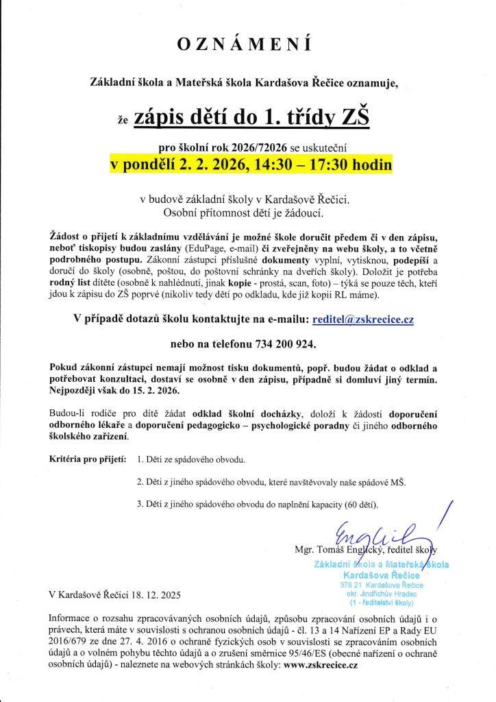 Zápis dětí do 1. třídy Základní školy - 2. února 2026