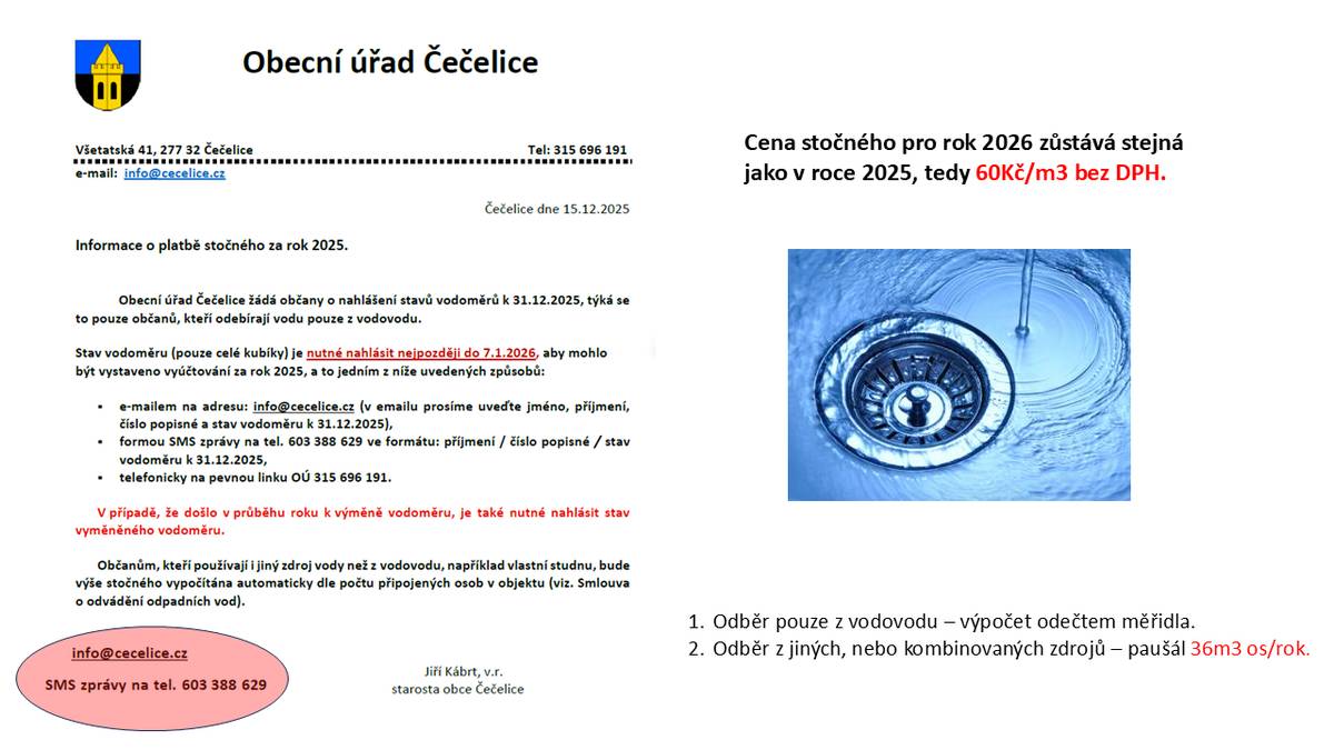 Obecní úřad Čečelice žádá občany o nahlášení stavů vodoměrů k 31.12.2025, týká se to pouze občanů, kteří odebírají vodu pouze z vodovodu. Stav vodoměru (pouze celé kubíky) je nutné nahlásit nejpozději do 7.1.2026, aby mohlo být vystaveno vyúčtování za rok 2025, a to jedním z níže uvedených způsobů: ▪ e-mailem na adresu: info@cecelice.cz (v emailu prosíme uveďte jméno, příjmení, číslo popisné a stav vodoměru k 31.12.2025), ▪ formou SMS zprávy na tel. 603 388 629 ve formátu: příjmení / číslo popisné / stav vodoměru k 31.12.2025, ▪ telefonicky na pevnou linku OÚ 315 696 191. V případě, že došlo v průběhu roku k výměně vodoměru, je také nutné nahlásit stav vyměněného vodoměru. Občanům, kteří používají i jiný zdroj vody než z vodovodu, například vlastní studnu, bude výše stočného vypočítána automaticky dle počtu připojených osob v objektu (viz. Smlouva o odvádění odpadních vod).
