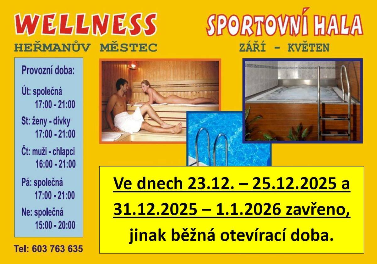 Oznamujeme omezení otevírací doby sauny a posilovny ve sportovní hale v době svátků. Naše wellness si můžete užít v pátek 26.12., v neděli 28.12. a v úterý 30.12., zacvičit si můžete v pondělí 29.12. a v úterý 30.12.2025. Běžná otevírací doba bude obnovena od pátku 2.1.2026.