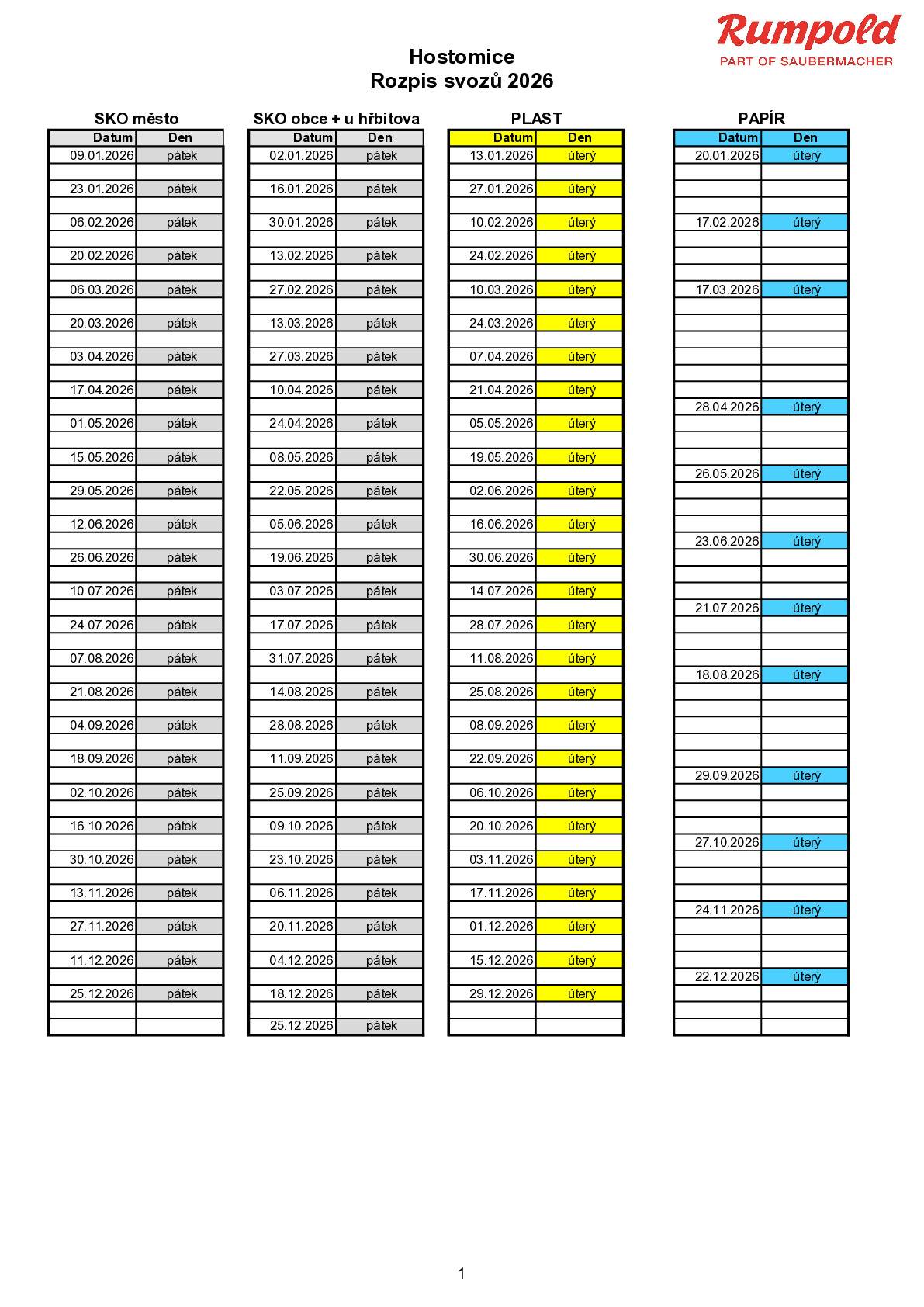 Věnujte prosím pozornost odlišným termínům svozu komunálního odpadu pro Hostomice (bez lokalizty pod hřbitovem) a pro obce (Bezdědice, Radouš, Lštěň)+lokalita pod hřbitovem.