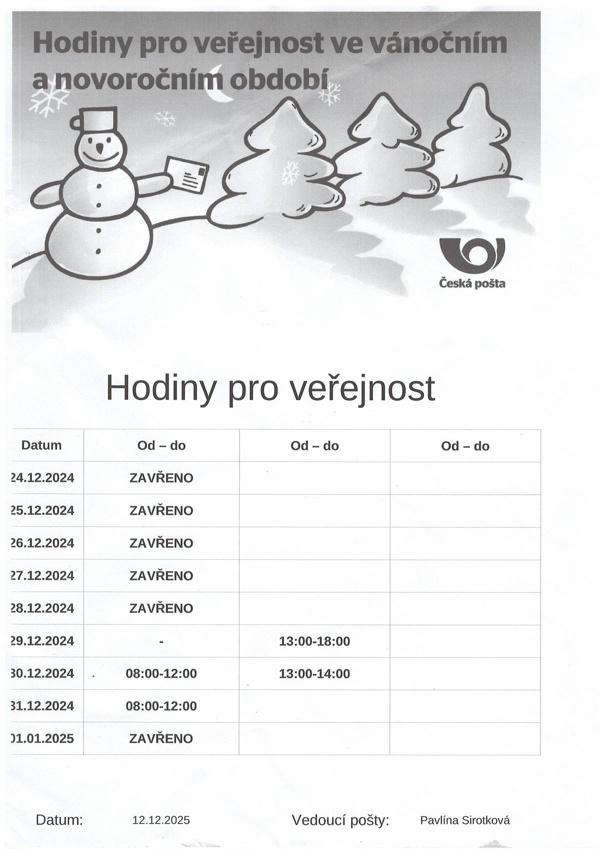 Pošta Kly - Hodiny pro veřejnost ve vánočním a novoročním období