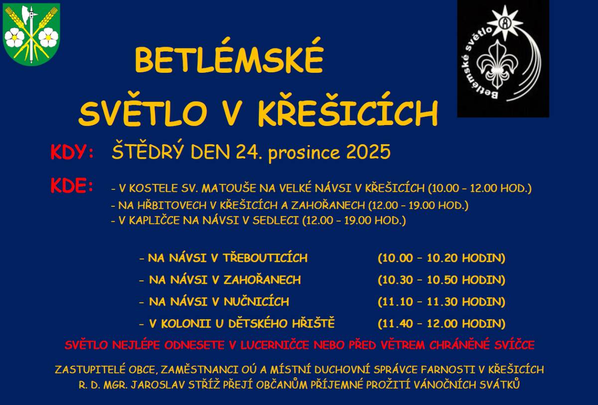 Oznamujeme občanům, že dne 24. 12. bude v obci k vyzvednutí Betlémské světlo