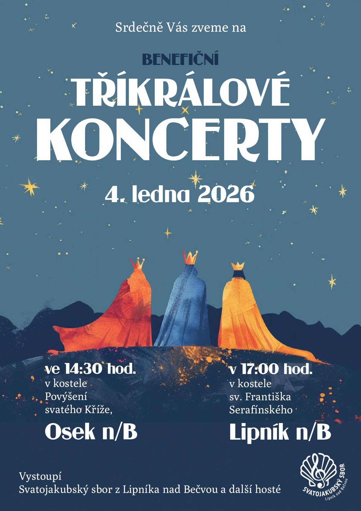 Svatojakubský sbor z Lipníka nad Bečvou zve 4. ledna do kostela sv. Františka Serafinského od 17:00 hodin na Tříkrálový koncert.