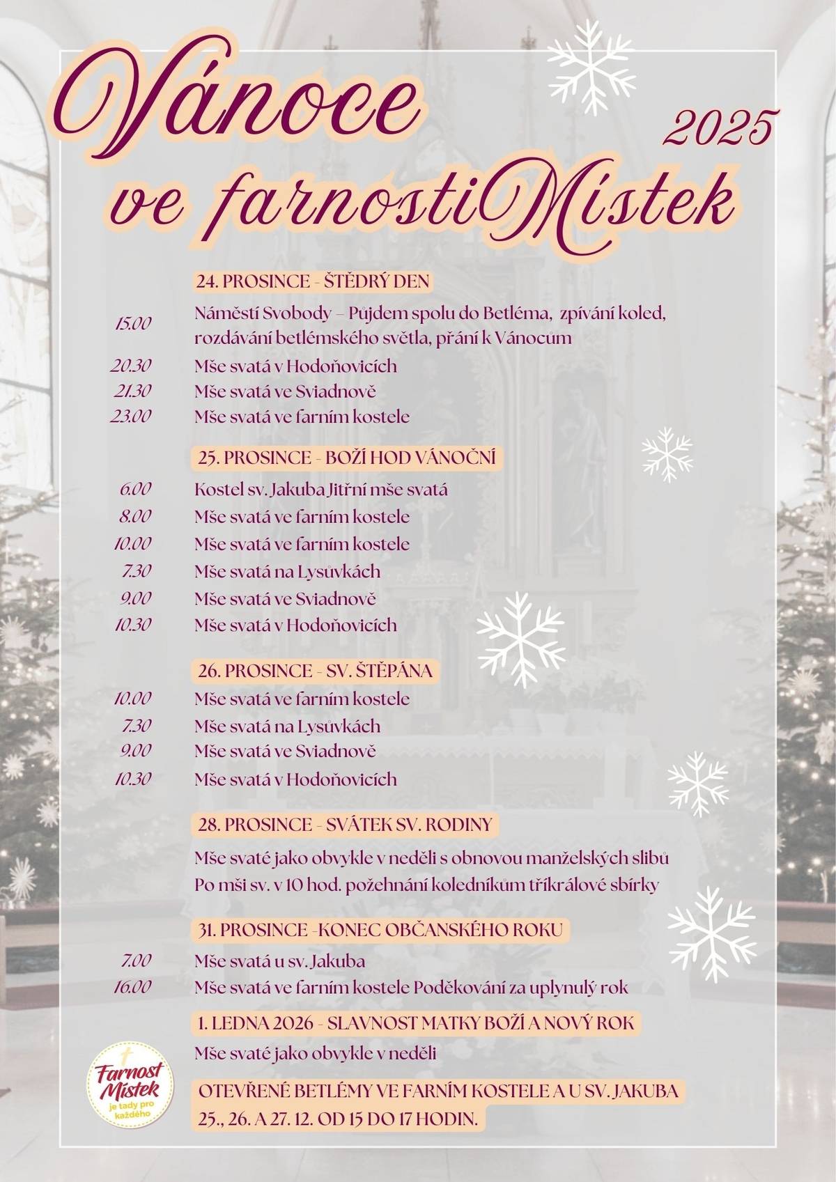 Farnost Místek vás zve o vánočních svátcích na půlnoční mši a bohoslužby, které se konají ve frýdecko-místeckých kostelích a v přilehlých obcích.  Navštivte také otevřené betlémy, které můžete zhlédnout ve dnech od 25. do 27. prosince v čase 15-17 hodin ve farním kostele a v kostele sv. Jakuba. Úvod | farnostmistek.cz