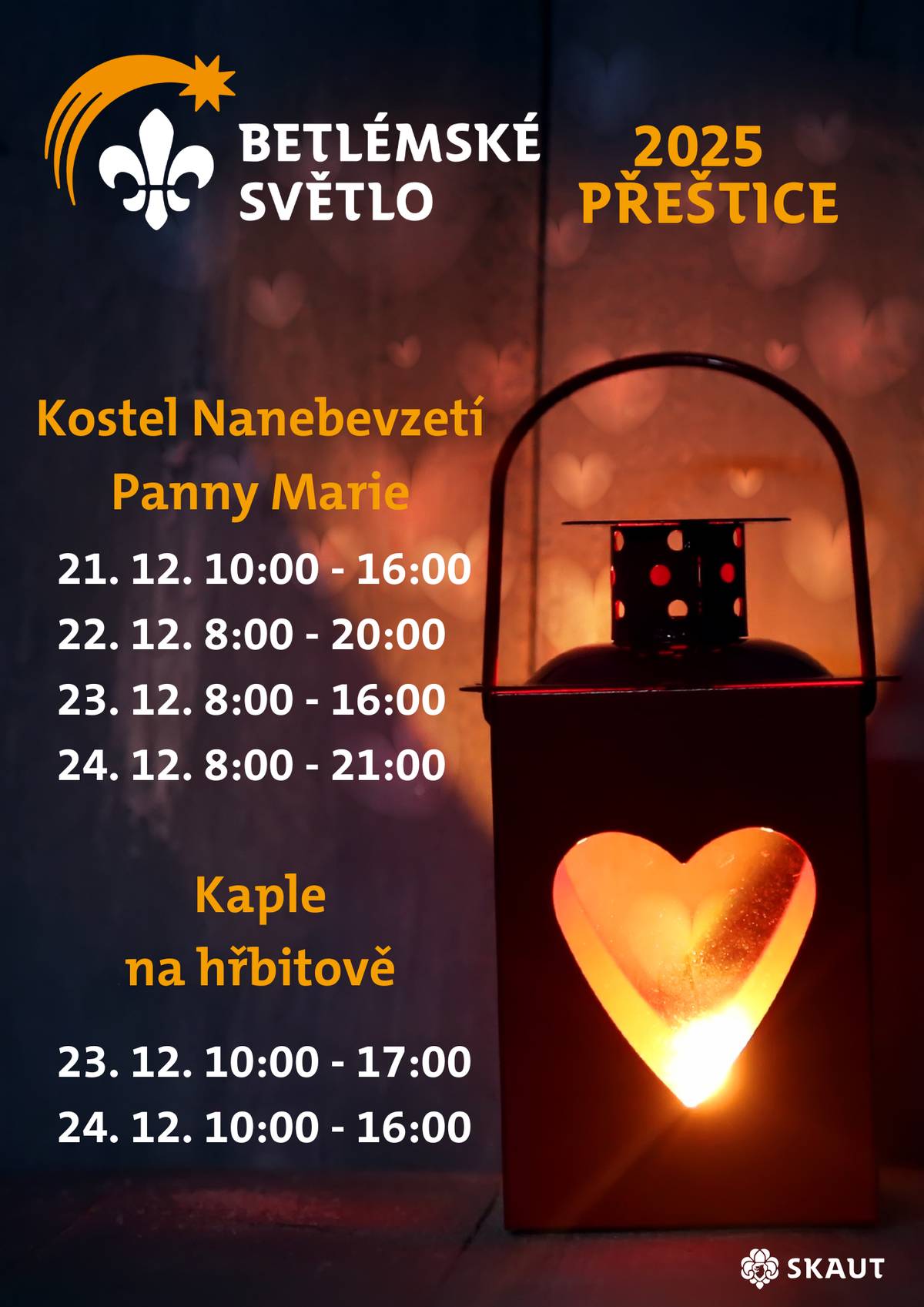 Betlémské světlo bylo právě dnes rozsvíceno v kostele Nanebevzetí Panny Marie při ranní mši.   K dispozici bude v kostele pro všechny, kteří si ho chtějí odnést domů, až do štědrovečerní půlnoční mše.    Dále bude možnost připálit si Betlémské světlo také v kapli na hřbitově, a to 23. 12. a 24. 12. 2025.