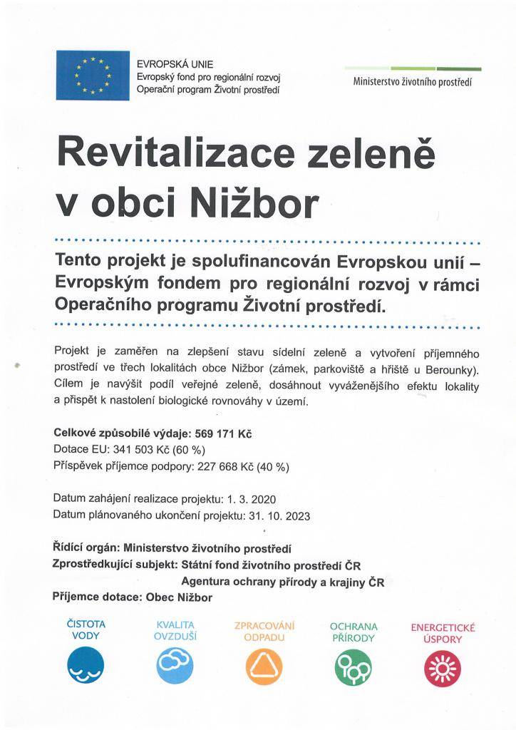 Projekt revitalizace zeleně v obci Nižbor je spolufinancován EU - Evropským fondem pro regionální rozvoj v rámci Operačního programu ŽP.