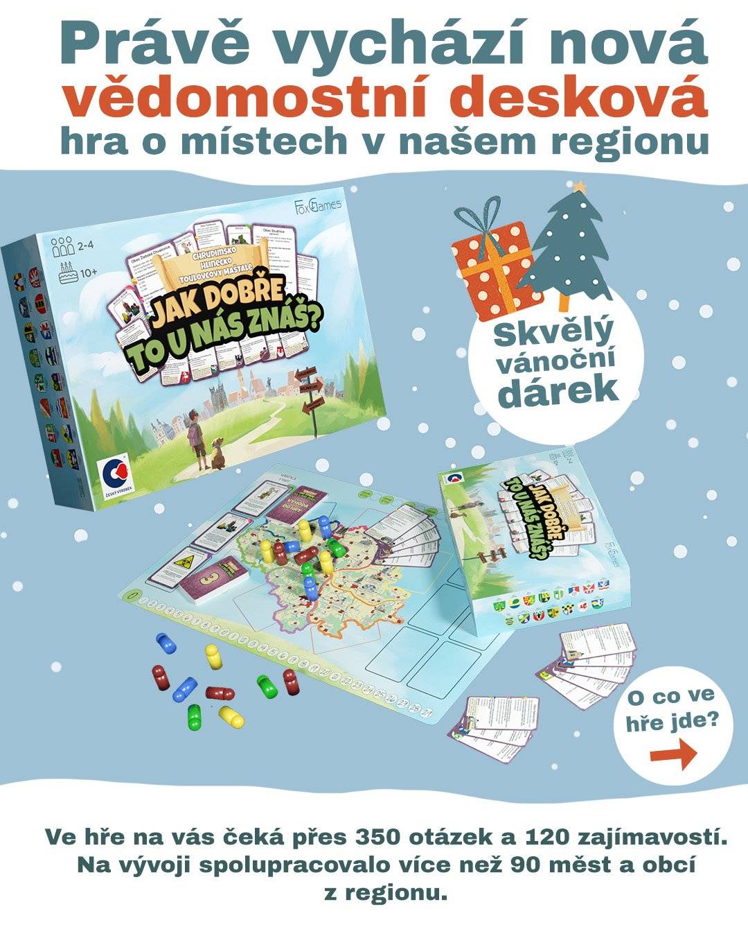 V tomto roce jsme se zapojili do společného projektu v našem regionu – spoluvytvářeli jsme deskovou hru "Chrudimsko, Hlinecko, Toulovcovy maštale: JAK DOBŘE TO U NÁS ZNÁŠ?". . Staňte se šéfem důležité výpravy, obsazujte regiony, bráňte je před ostatními hráči, zvětšujte svou moc, sbírejte vítězné body a ukažte, jak dobře to u nás znáte. . Pokud máte rádi deskovky a chtěli byste mít zajímavosti našeho regionu soustředěné v jedné krabici – ozvěte se. Cena je 590 Kč. . Můžeme doporučit i Ježíškovi. :)